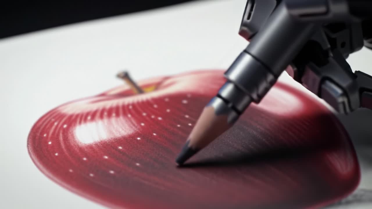 Artistic Innovation: A Robotic Arm Skillfully Drawing a Realistic Apple with Precision and Detail on Paper, Showcasing Technology and Creativity in Action