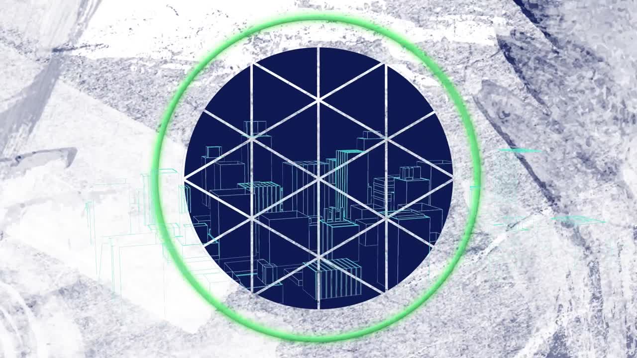 animación del procesamiento de escáner circular verde sobre el patrón circular y el paisaje urbano por la noche.
