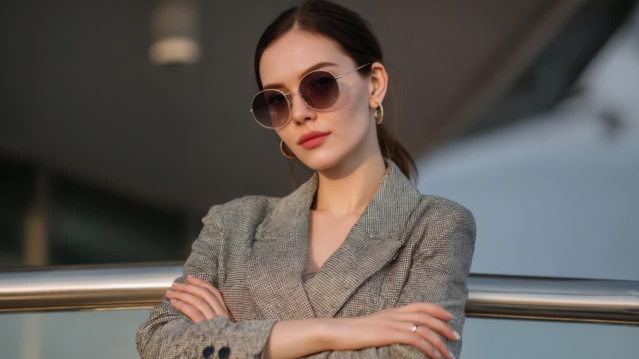 A Fashionable Young Woman Exudes Confidence and Elegance While Wearing Trendy Sunglasses and Stylish Outerwear in a Chic Urban Setting