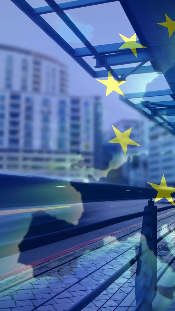 Video verticale: All'avvio, una leggera sovrapposizione UE si sposta su una passerella, stelle dorate pulsanti per il marketing.