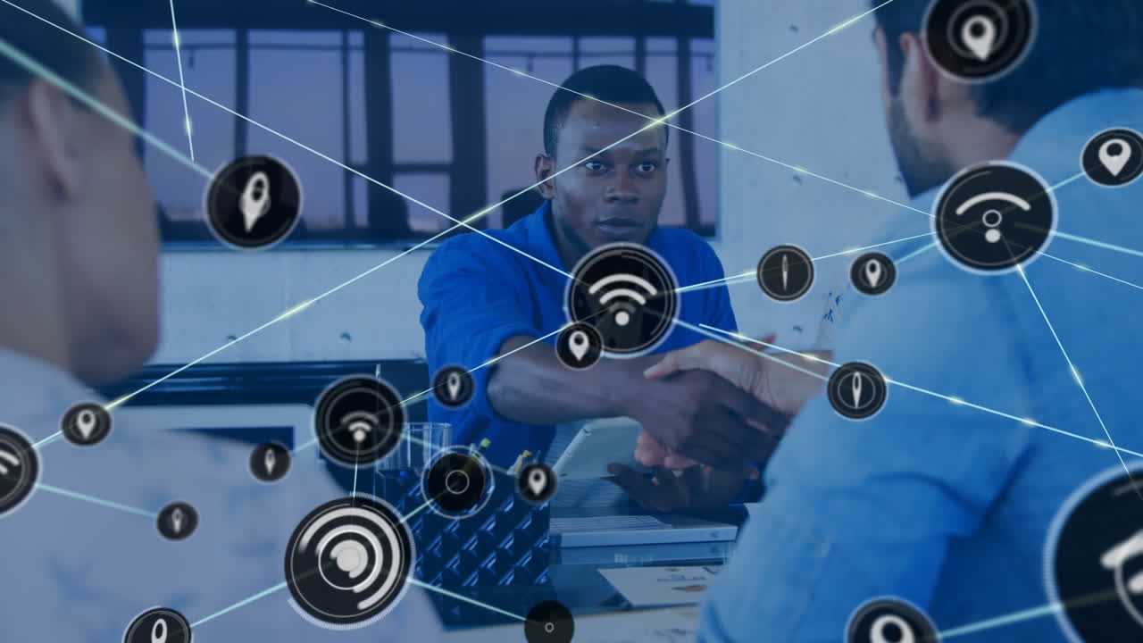 Animation of network of connections with icons over diverse business people