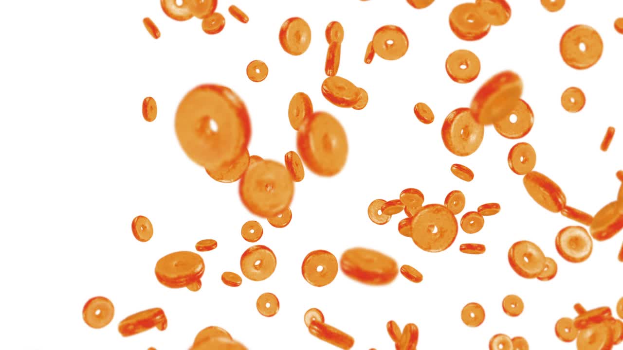 색 배경에 많은 평평한 도을 날아. 도 케이크, 과자, 디저트. 도 회전의 3d 애니메이션. 루프 애니메이션.