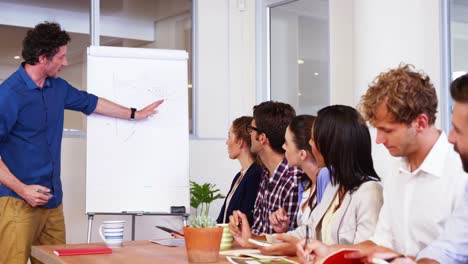 Männlicher-Geschäftsführer-Interagiert-über-Whiteboard-Mit-Kollegen