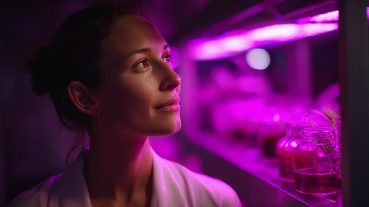 An Introspective Moment: A Woman Gazes Thoughtfully at Colorful Cultivations Under Soft Purple Lighting, Surrounded by Glass Jars Filled with Vivid Samples, Evoking Curiosity and Wonder in a Laboratory Setting