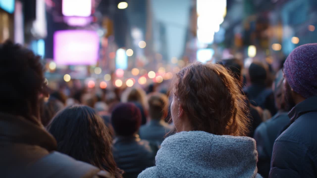 Una folla di persone si è radunata in un vivace contesto urbano, catturando l'atmosfera indimenticabile della città con luci brillanti e un ambiente coinvolgente.