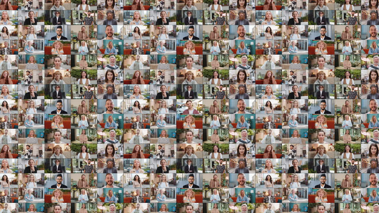 collaje de retratos de personas felices, alegres, satisfechas, hombres, mujeres sonriendo amistosamente mirando a la cámara.