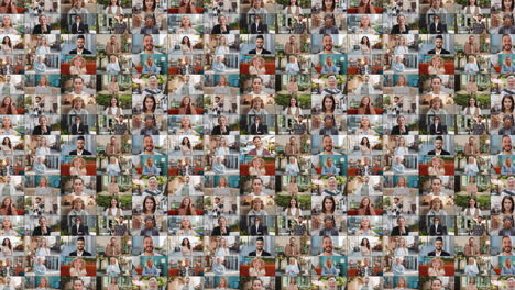 collaje de retratos de personas felices, alegres, satisfechas, hombres, mujeres sonriendo amistosamente mirando a la cámara.