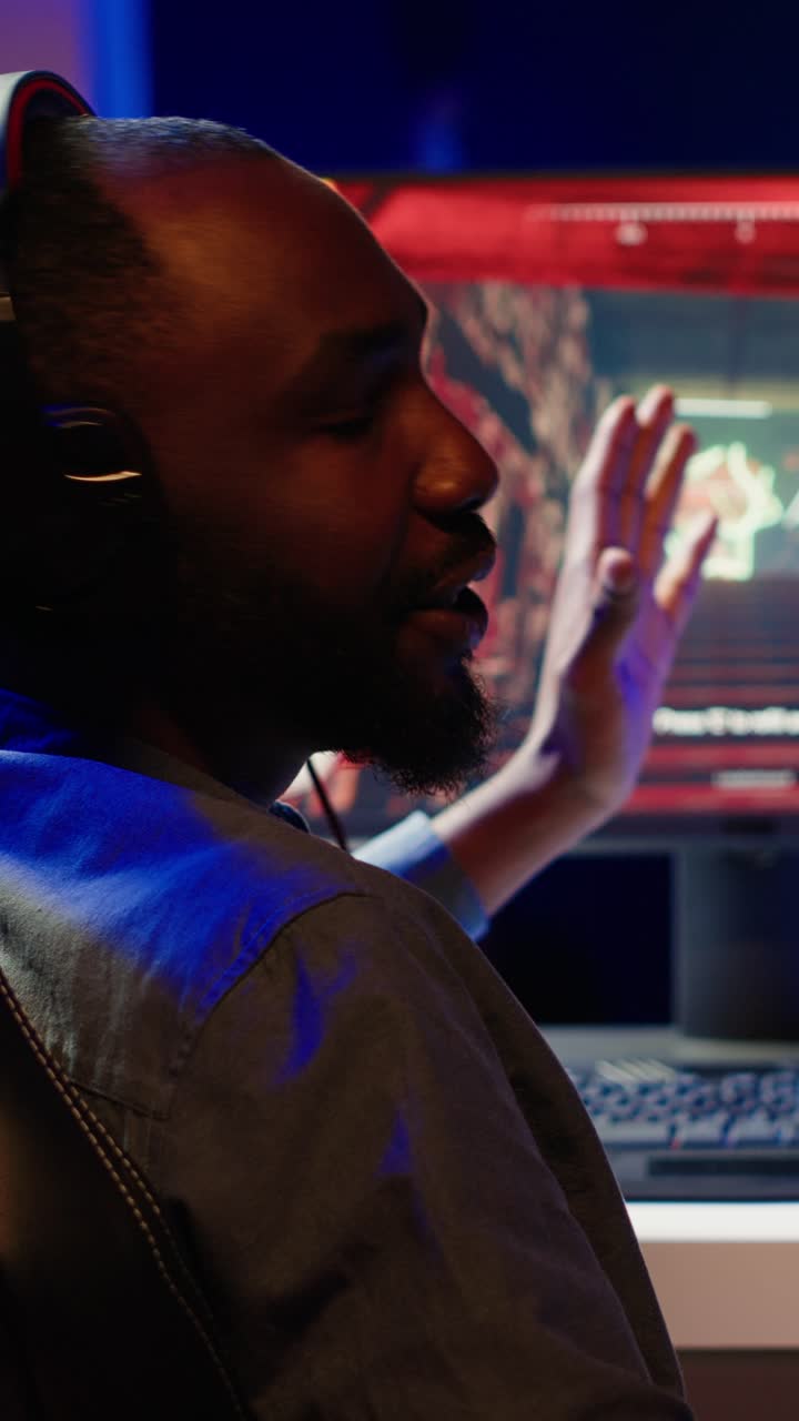 Vertical video Professional streamer showing fans how to win online multiplayer videogame