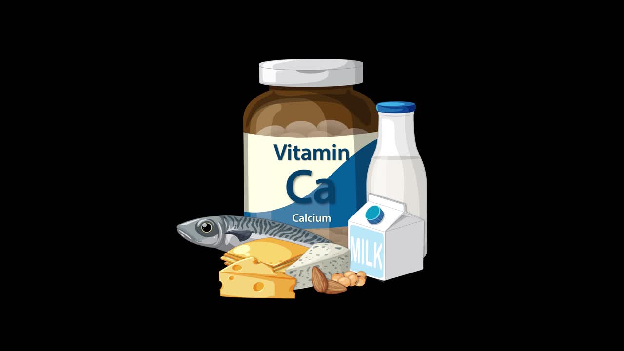 Calcium supplement bottle transitions to include milk, cheese, fish, almonds on black background
