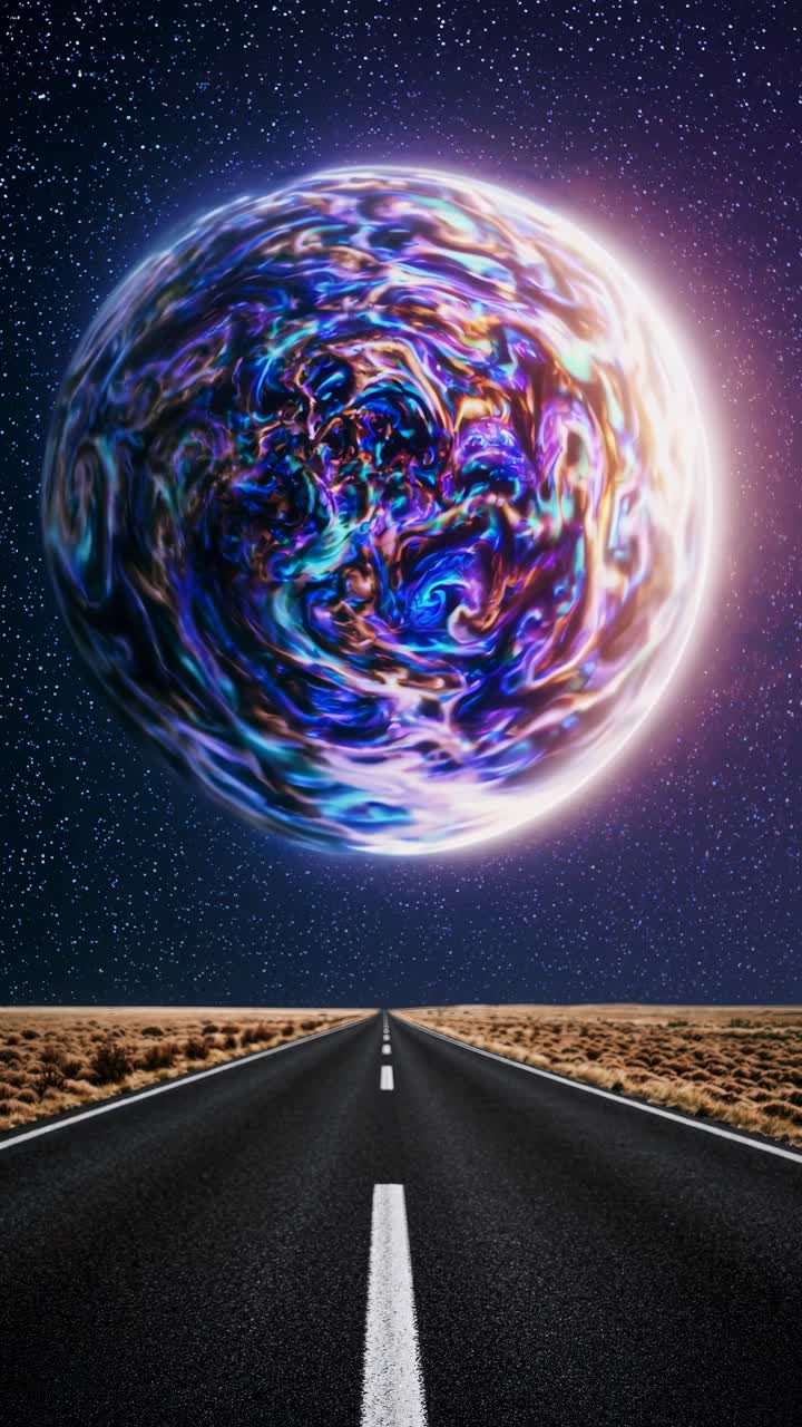 Surreal video concept of a cosmic scene with a swirling planet in the starry sky, viewed