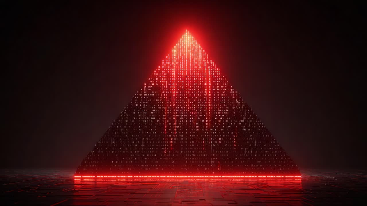 A Mesmerizing Red Illuminated Pyramid Constructed from Digital Elements, Reflecting a Futuristic and Technological Aesthetic, Standing Tall Against a Dark Background, Evoking Intrigue and Innovation