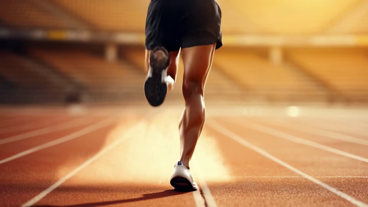 Dynamic low-angle shot of a runner's legs on a track, capturing motion and speed, ideal for a sports