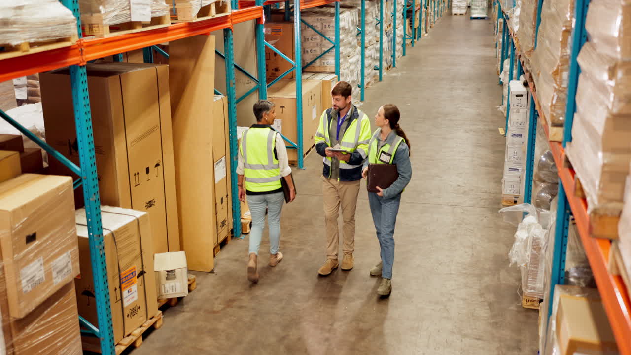 Warehouse workers discussing inventory in aisle