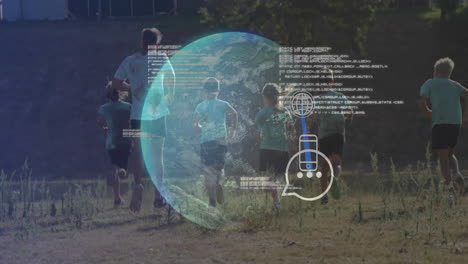 people jogging outdoors with digital globe and data processing animation overlay
