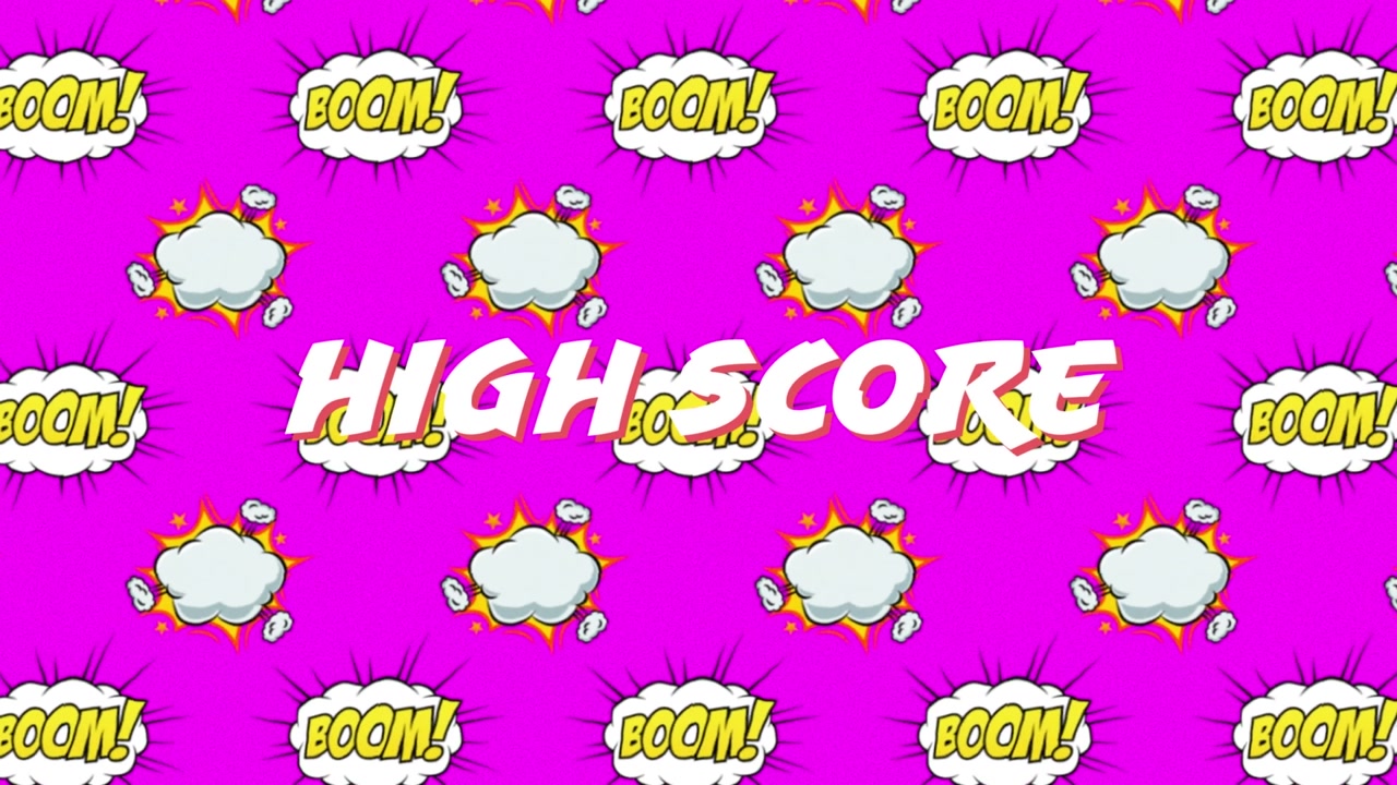 Animation of high score text against boom speech bubbles on digital interface of video game