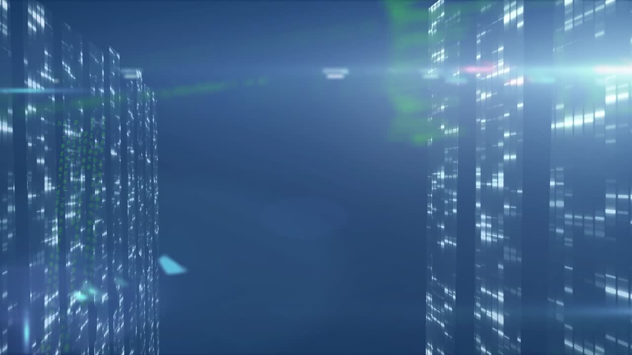 Animation of data processing on navy background with lights