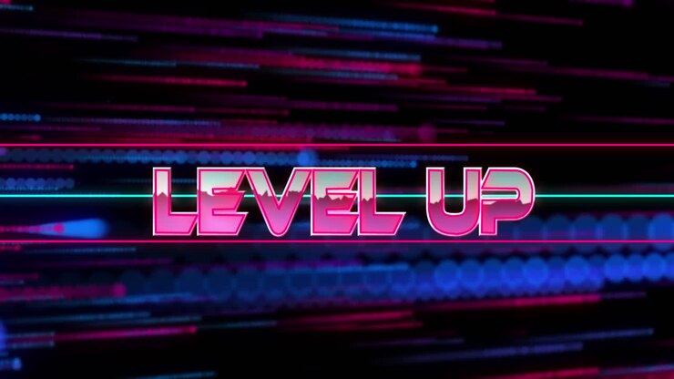 Animazione di un banner di testo 'level up' su scie luminose rosse e blu che si muovono su sfondo nero