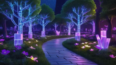 enchanted digital forest path with glowing trees and crystals