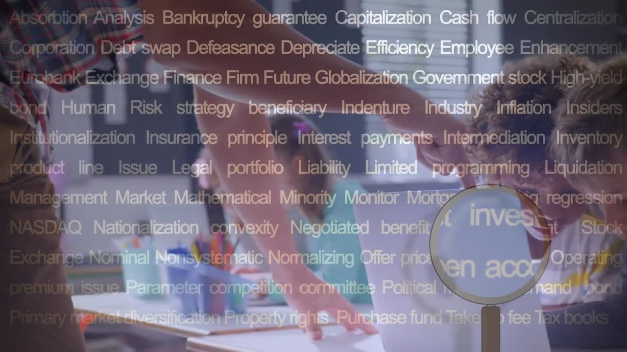 Animation of binary coding over school kids using laptops and studying