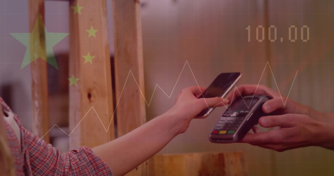 Animation of data processing over caucasian woman paying with smartphone