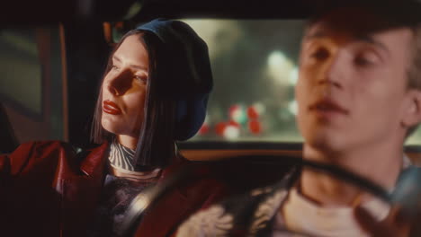 elegant woman smoking during night ride with taxi driver in retro cab