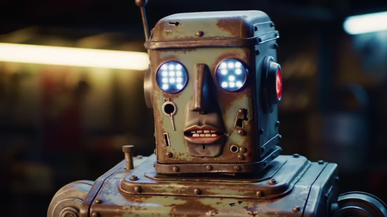 An Intriguing Steampunk Robot Featuring Glowing Blue Eyes and a Vintage Metal Design, Captured in a Dimly Lit Environment that Evokes a Sense of Mystery and Curiosity