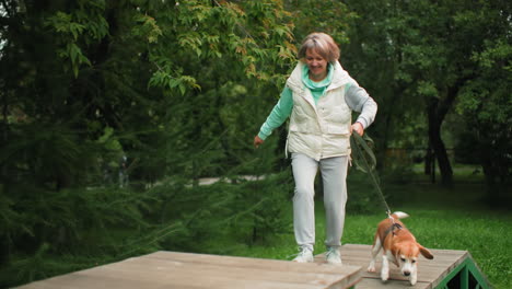 instructor wearing long sleeve jacket ash trouser sneakers instructing brown skinned beagle with excitement on face during outdoor dog training activity in green grassy park surrounded by fresh trees