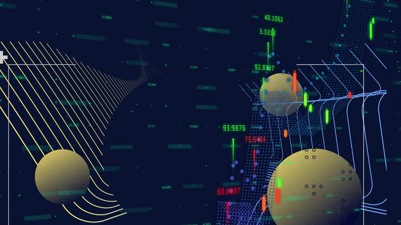 Colorful graphs and spherical elements creating animation in abstract digital landscape