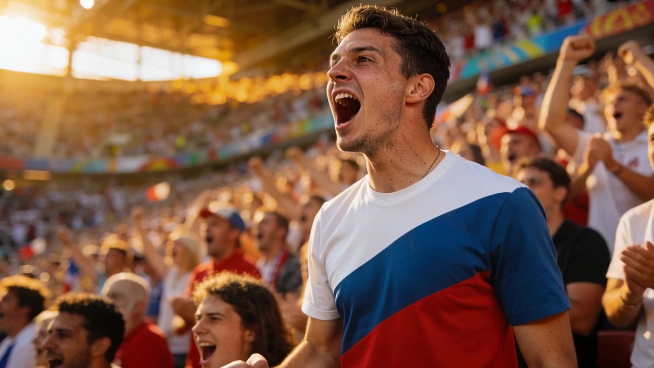 Hombre gritando con camiseta blanca de bloques azul-rojos, reaccionando tras un gol en un estadio soleado, levantando el puño