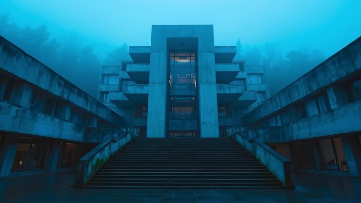 Edificio avvolto nella nebbia con scale che conducono alla cima