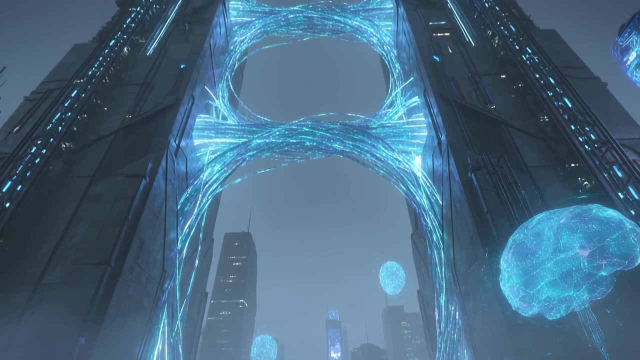 Panning twin-tower gateway revealing woven blue filaments in foggy city, with drifting glowing orbs