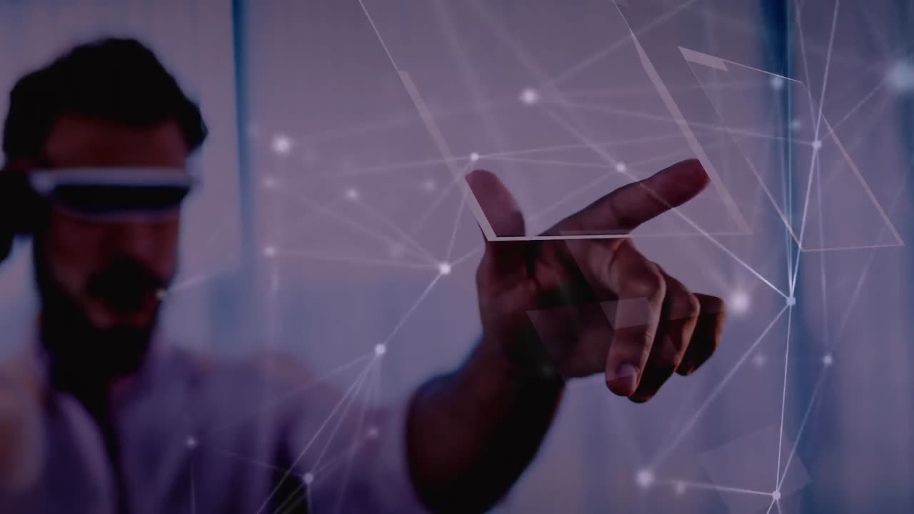 Network of connections floating against man wearing vr goggles