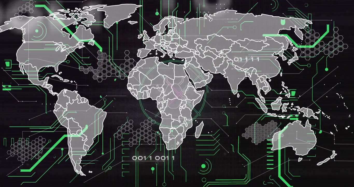 Starting with map scanning Africa, revealing bug, circuits pulsing, code scrolling for monitoring