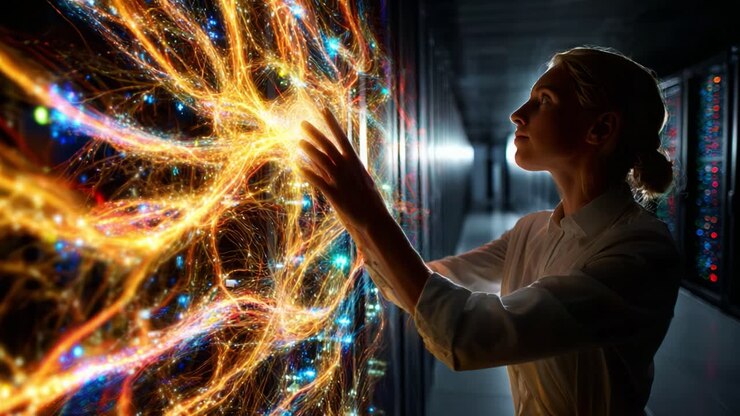 A woman interacting with a digital interface showcasing vibrant neural network patterns, highlighting technological advancement and connection in a modern data center environment