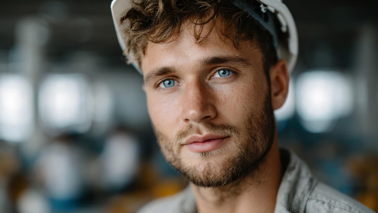 A young man in a hard hat gazes intently at the camera, showcasing environmental awareness and professionalism, amidst a construction site backdrop filled with activity
