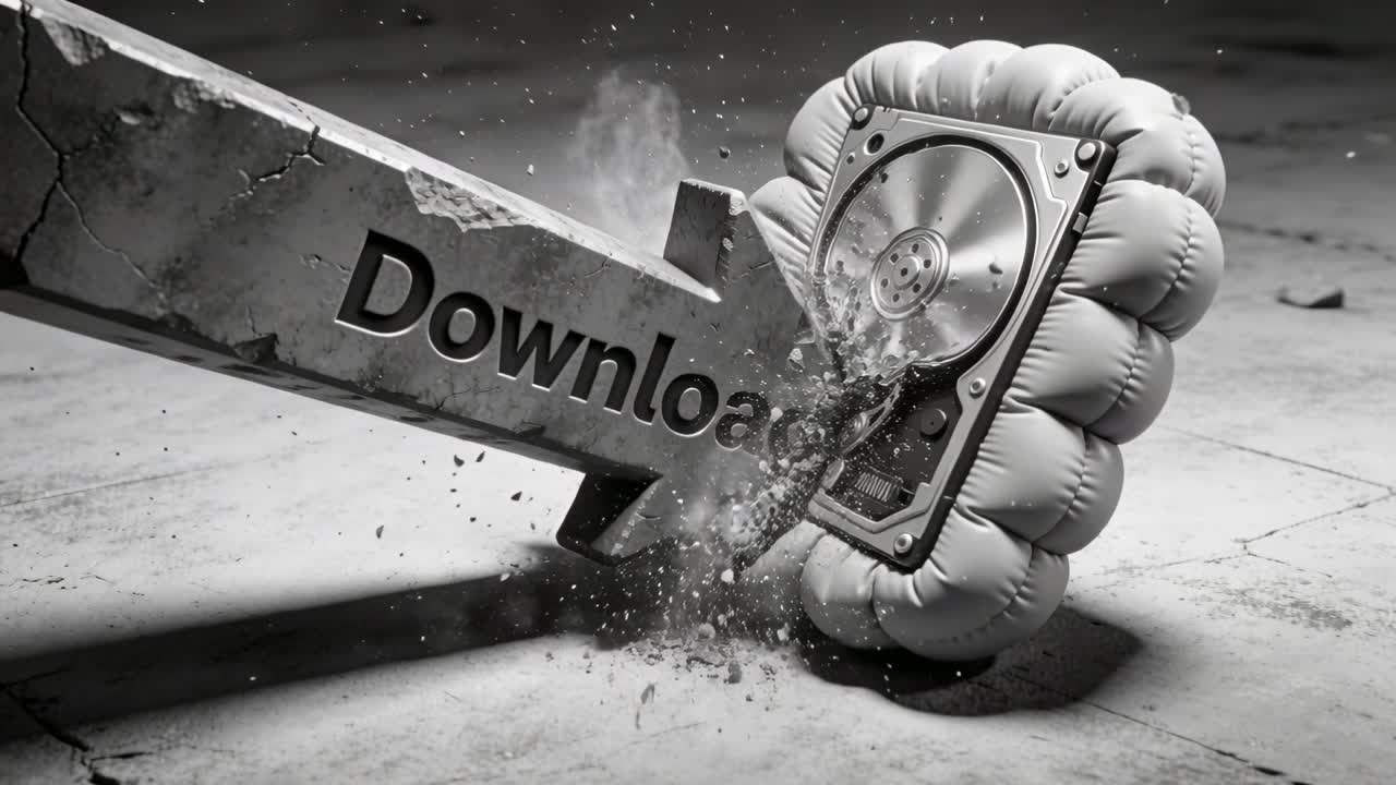 Freccia di download in pietra che schiaccia un disco rigido imbottito su un pavimento crepato, simboleggiando la perdita di dati.