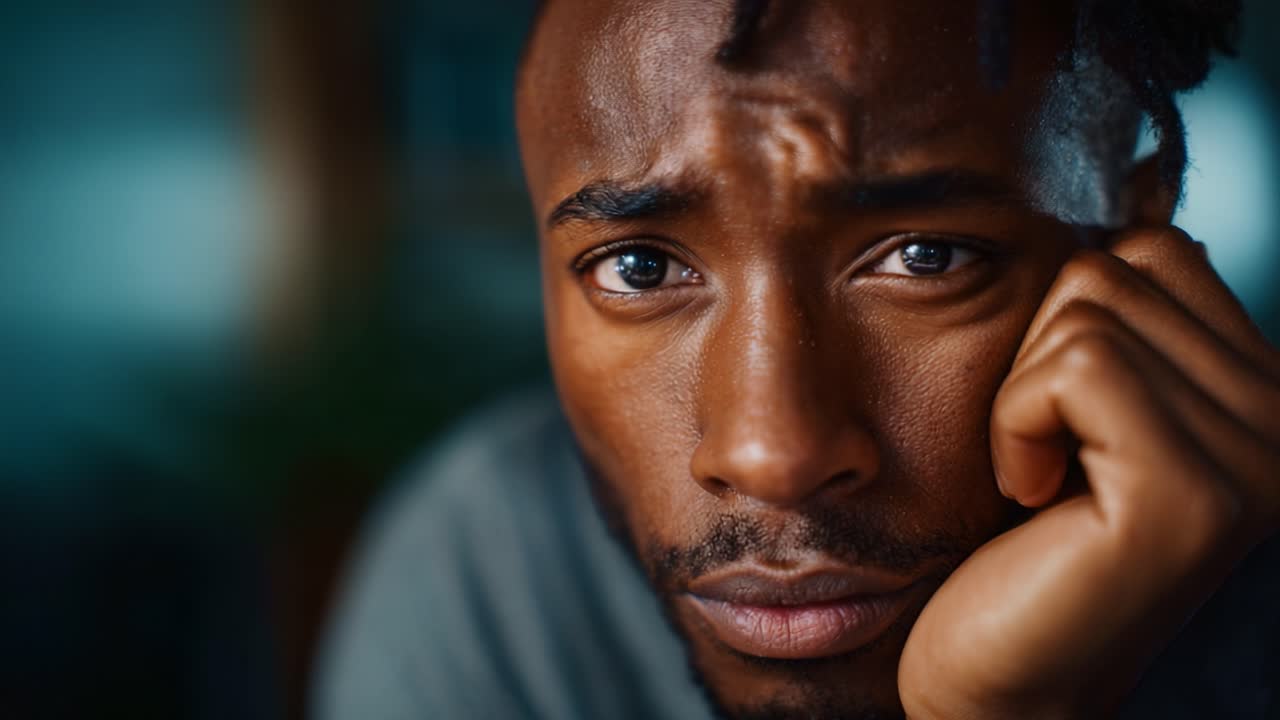 A reflective moment capturing the complexity of emotions on a man's face, showcasing vulnerability and depth in his expression during a contemplative pause