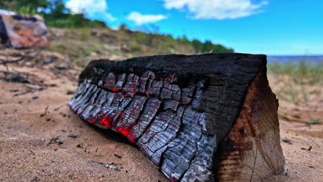 Hardwood-log-on-sandy-beach-with-air-blowed-across-surface-glowing-the-charcoal-black-grey-log-fire-red