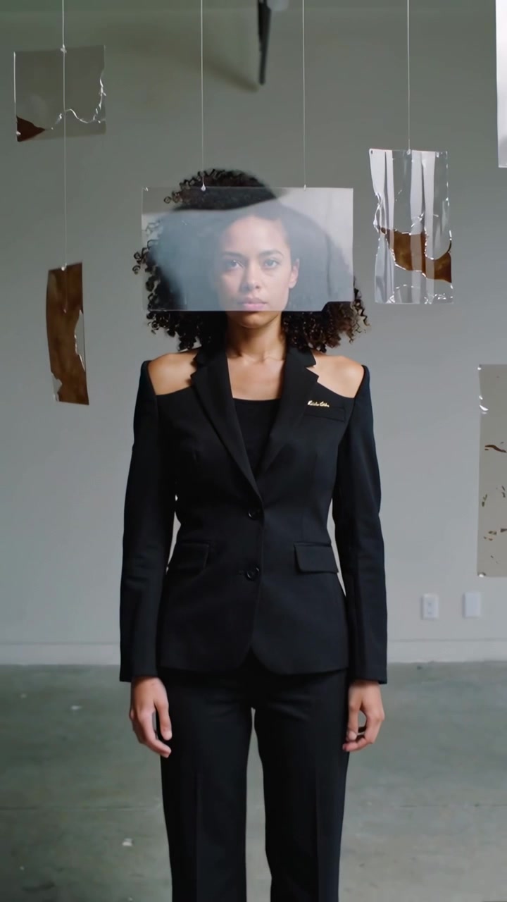 Video verticale: Modella in posa per l'arte in completo nero, in un loft, la telecamera si allontana, pannelli in movimento