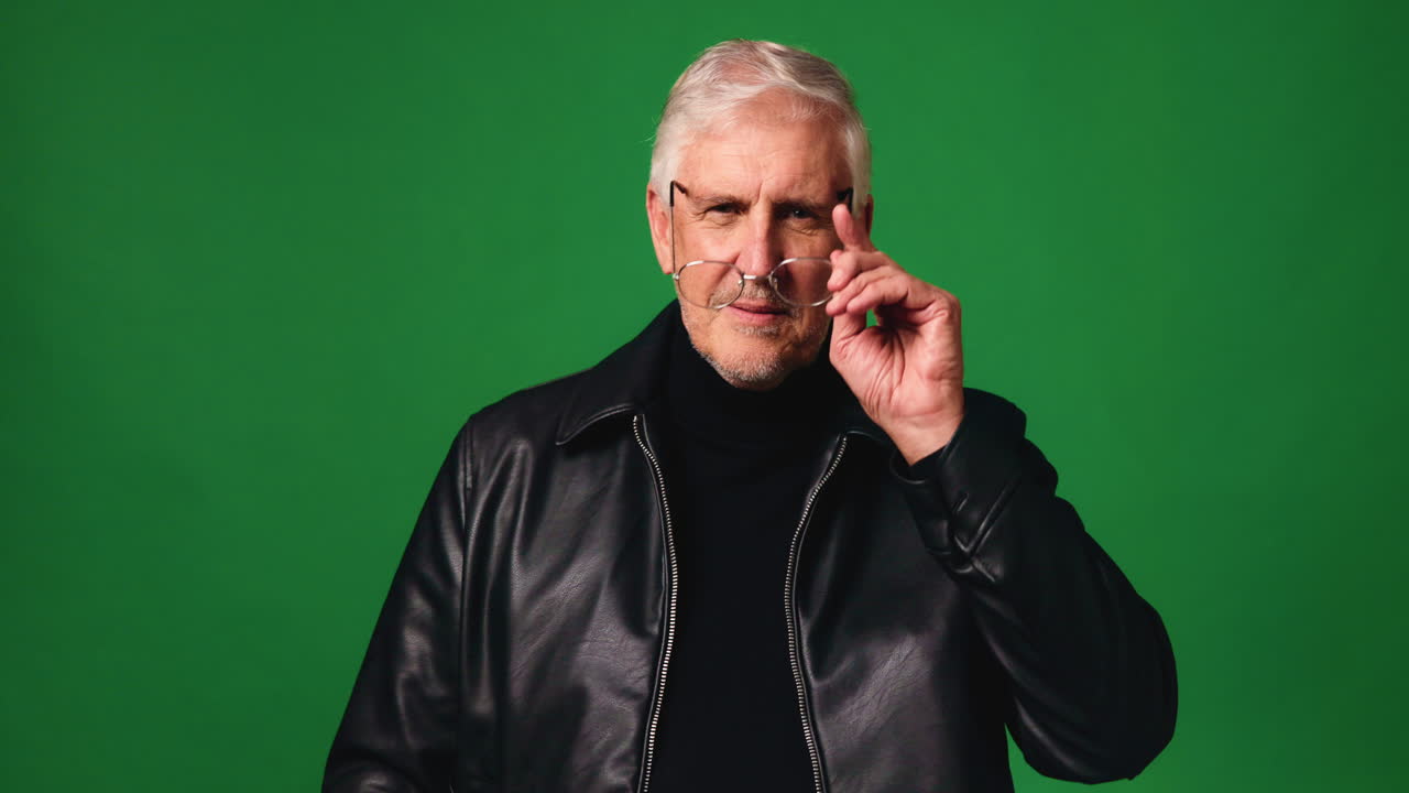 Uomo con giacca di pelle su green screen