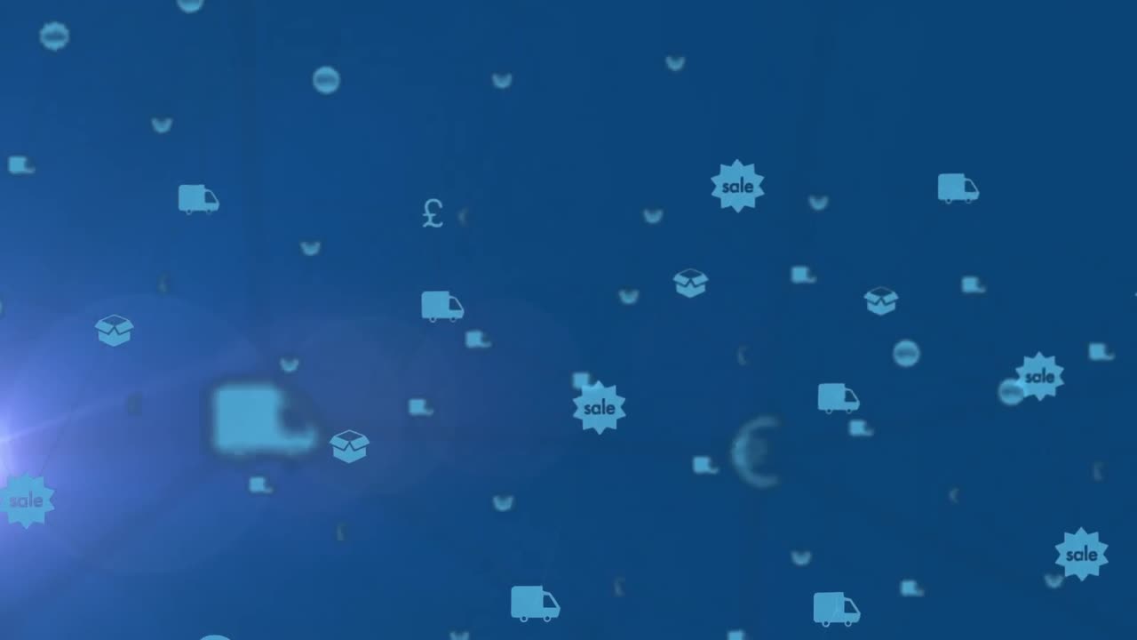 파란색 배경에 렌즈 플레어 위에 여러 컴퓨터 응용 프로그램 아이콘의 애니메이션