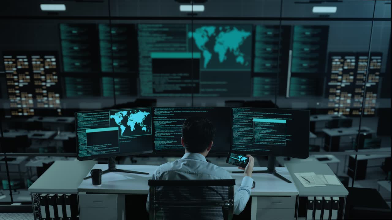 Back View Of Asian Man Developer Working With Mobile Phone While Write Code With Multiple Computer Screens In The Office