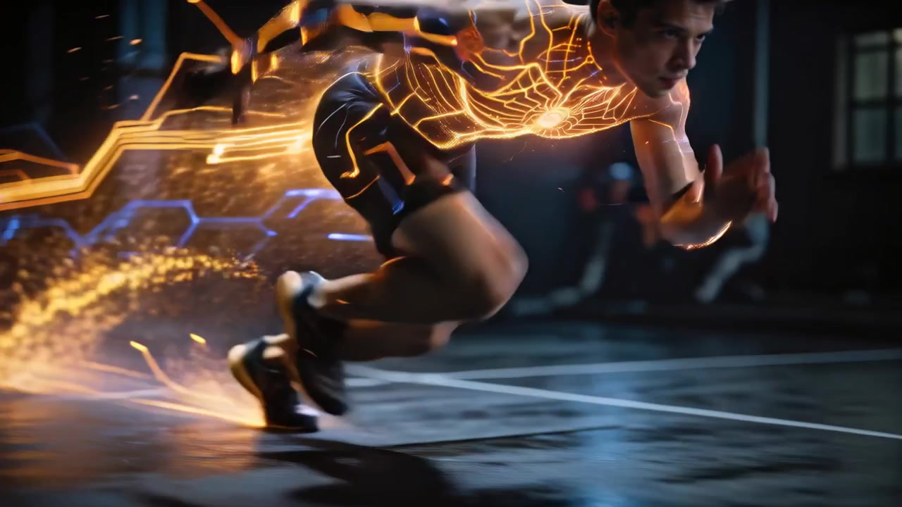 Spostando il peso, uno sprinter in pantaloncini neri che scatta e accelera su un campo bagnato, con scie di circuiti.