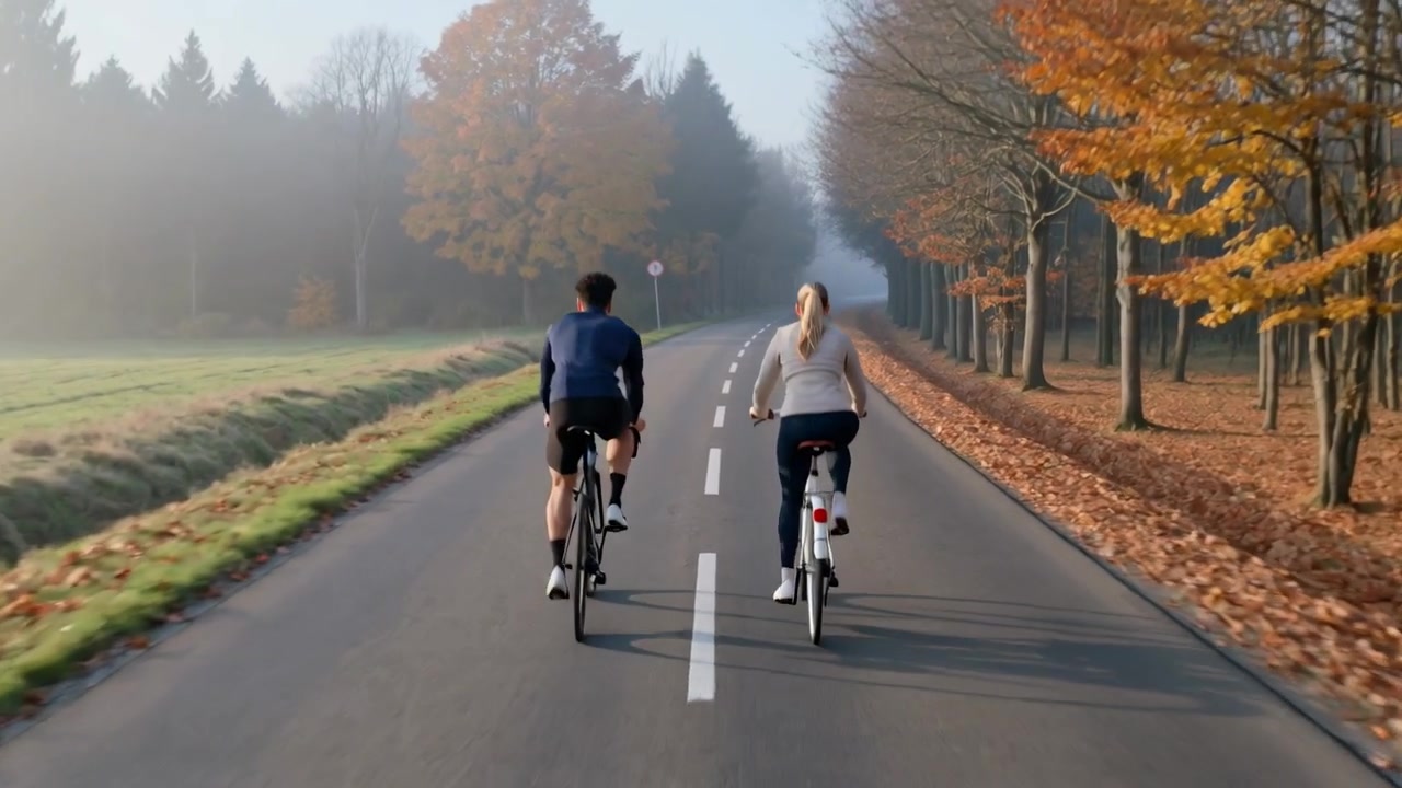 Et par i marineblåt sæt og let jakke kommer ind i billedet, cykler rekreativt på to cykler på en landevej.