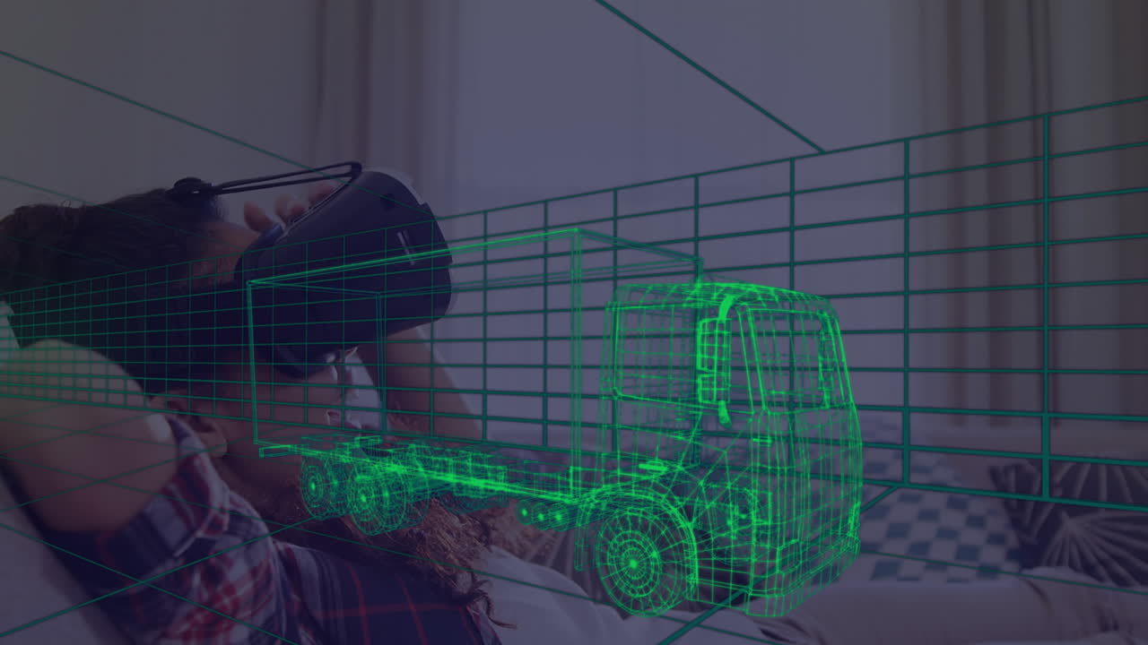 animación de dibujo técnico en 3d de un camión, sobre una mujer en casa con auriculares vr