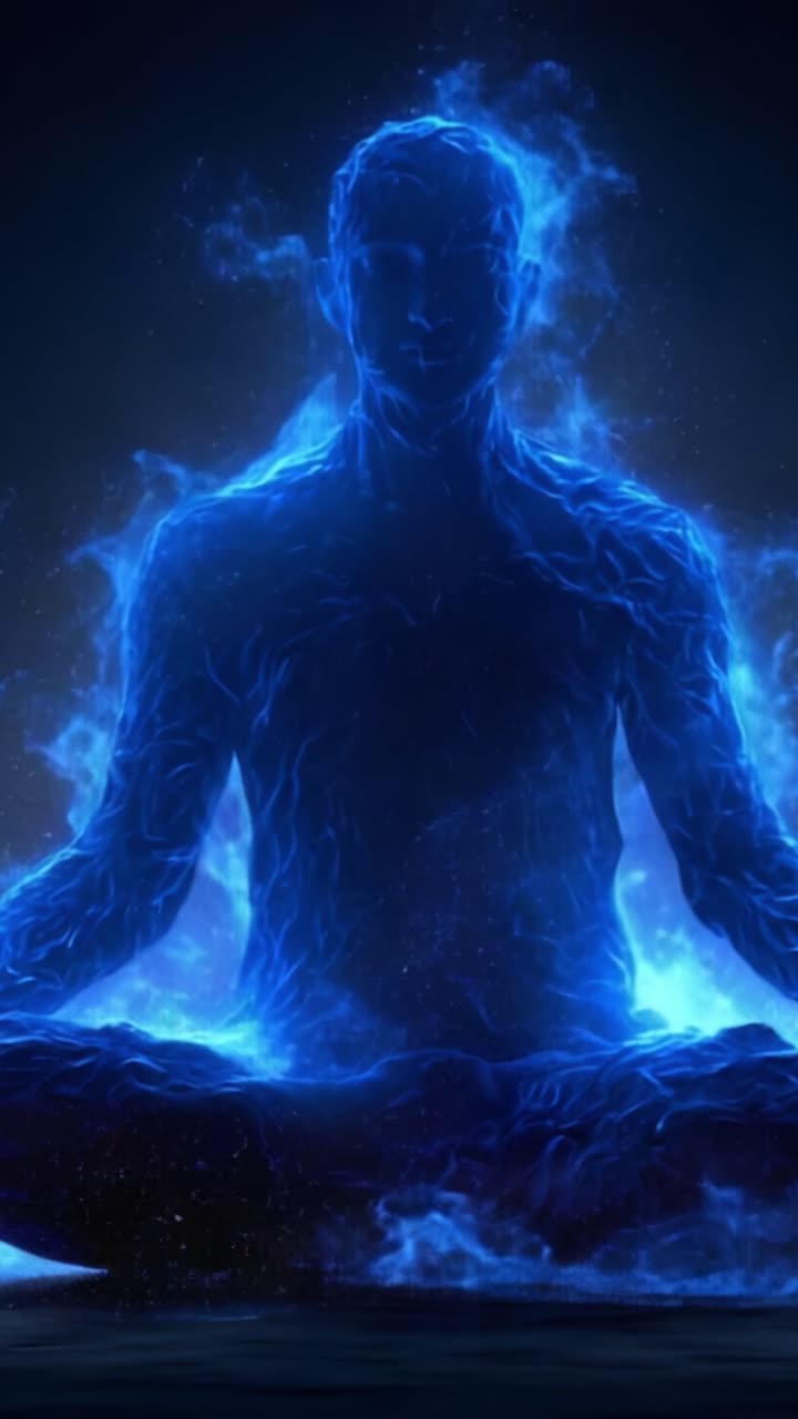 Serenità Illuminata: Una visualizzazione eterea di energia cosmica che si manifesta attraverso una figura meditativa circondata da fiamme blu radiose e stelle