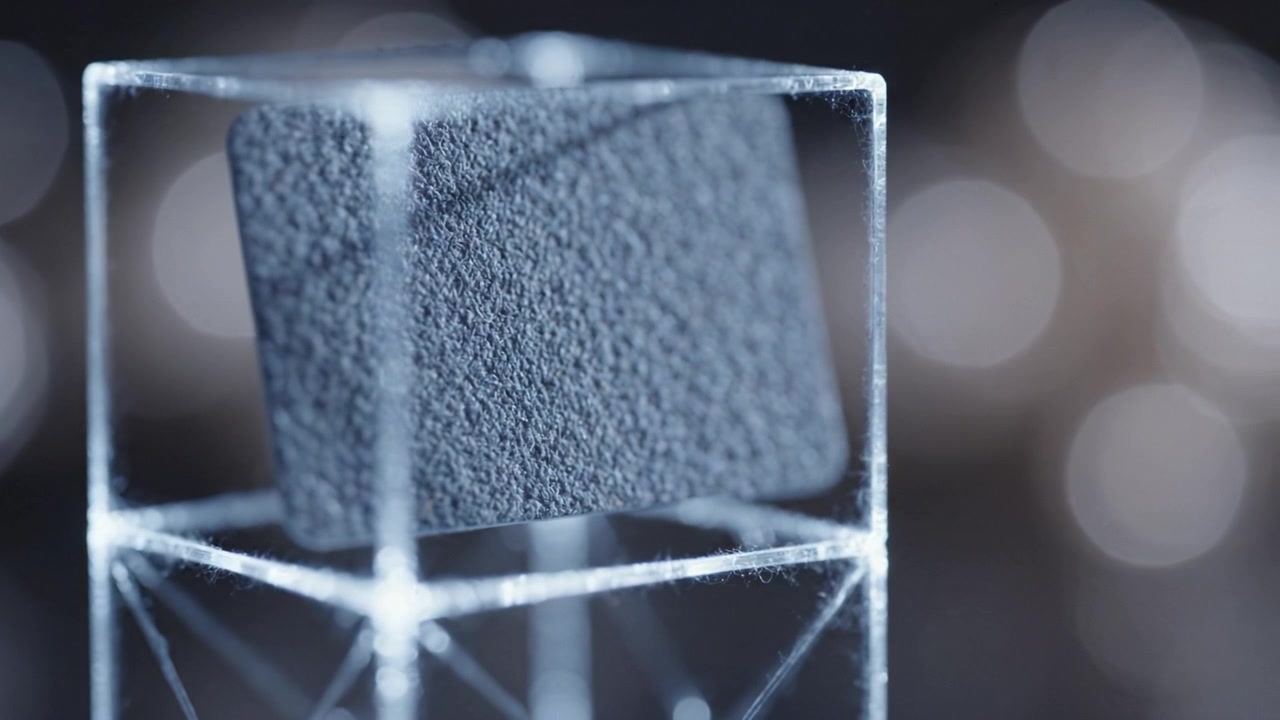 Un esame ravvicinato di una superficie texturizzata all'interno di una struttura trasparente che evidenzia le proprietà del materiale in condizioni di illuminazione da studio.