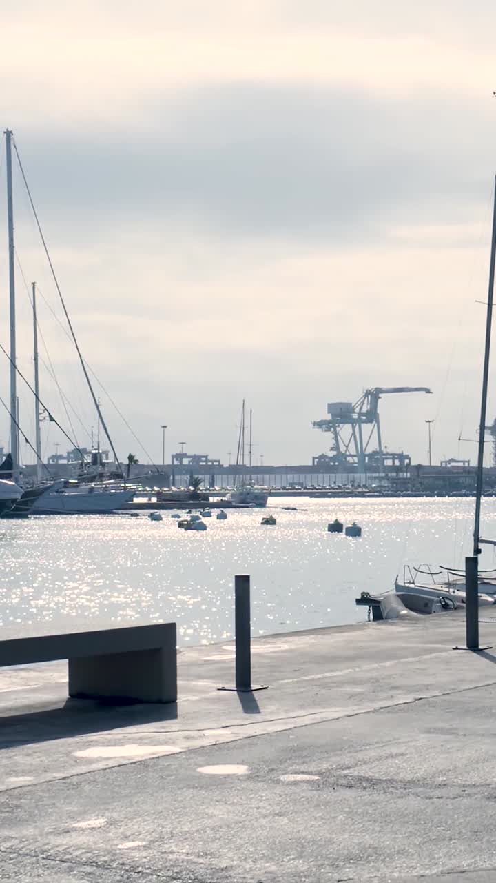 Harbor scene with boats and cranes