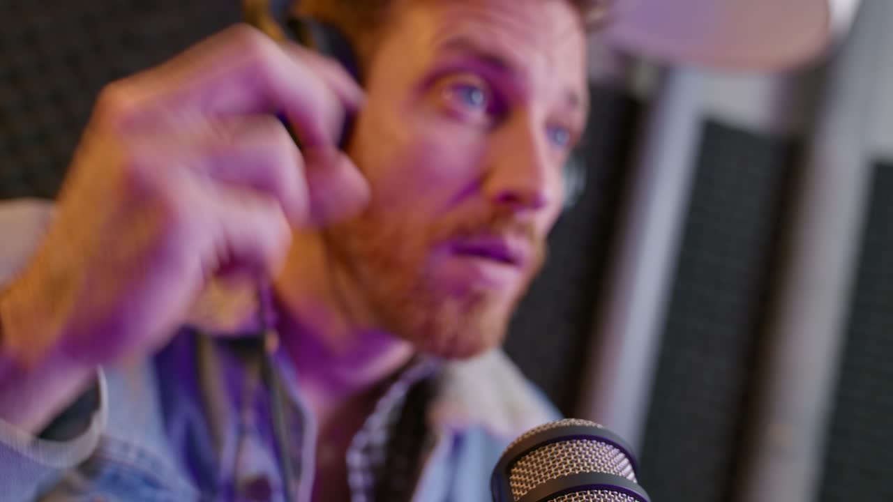 podcaster o ingeniero de sonido contando hacia abajo con los dedos. un gesto claro antes de señalar que el programa está en vivo. rutinas previas al programa en una configuración de estudio profesional. preparación para la creación de contenido en vivo