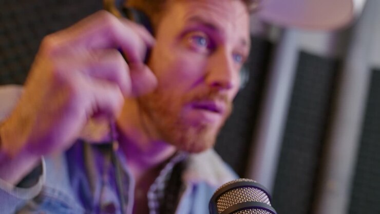 Podcaster or sound engineer counting down with fingers. A clear gesture before signaling the show is going live. Pre-show routines in a professional studio setup. readiness of live content creation